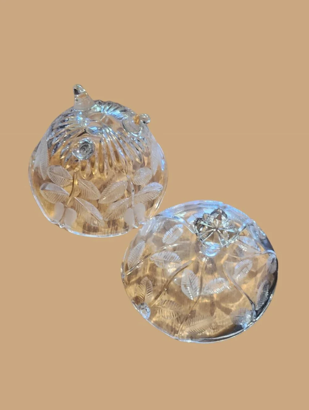 Source Unknown Clear Cut-Glass Covered Dish with Leaf Motif
